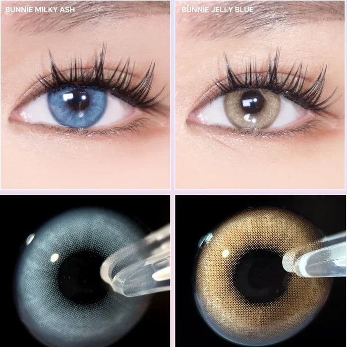 Close-up images show two eyes wearing colored contacts: the left eye has EyeCandys Doe Blue, a blue-grey lens with a natural iris design and UV protection; the right displays another lens. Below are detailed shots of each EyeCandys product.