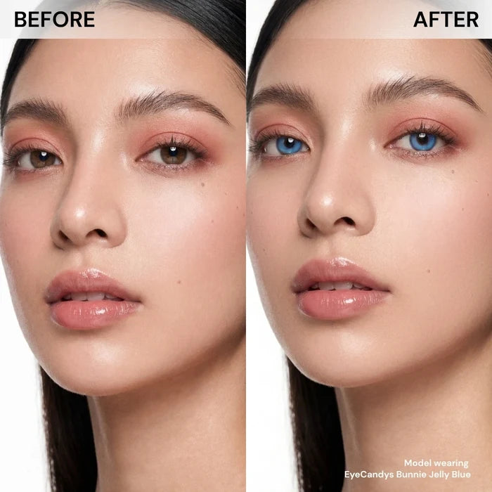 Model before and after wearing EyeCandys Bunnie Jelly Blue prescription colored contact lenses - natural makeup, vibrant blue eye transformation, comfortable daily wear, trendy cosmetic lenses for natural enhancement