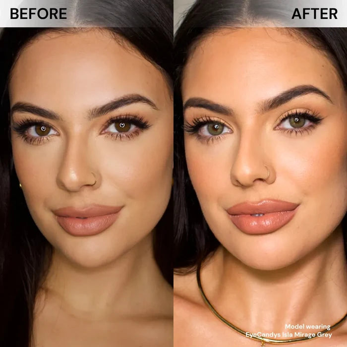 Before and after of model’s face wearing EyeCandys Isla Mirage Grey prescription colored contact lenses, showing soft and natural grey eye transformation