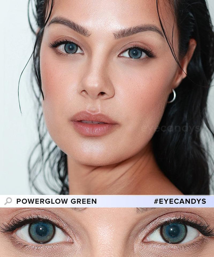 A close-up portrait of a woman with smooth skin and glossy lips. A zoomed-in view highlights her blue-green eyes enhanced by EyeCandys Powerglow Turquoise Green lenses for vibrant color and moisture. Labeled "EyeCandys Powerglow Turquoise Green.