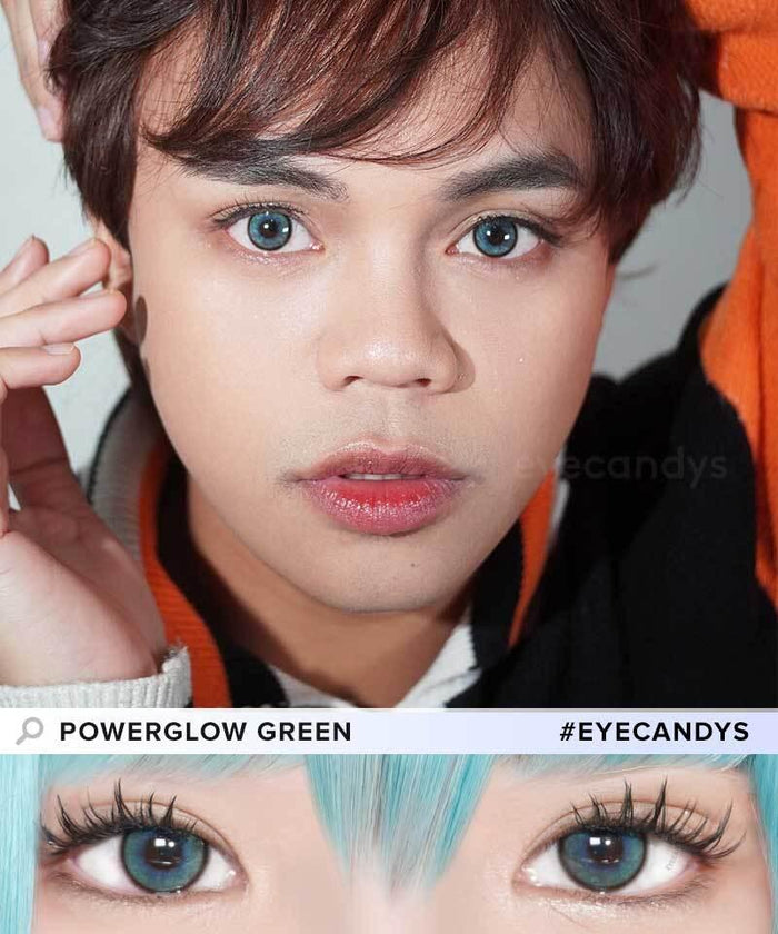 A person with short brown hair wears EyeCandys Powerglow Turquoise Green lenses, gazing at the camera. Below is a close-up of these green contacts on light blue hair, showing their moisture retention. Text: "EYECANDYS POWERGLOW TURQUOISE GREEN" and "#EYECANDYS".