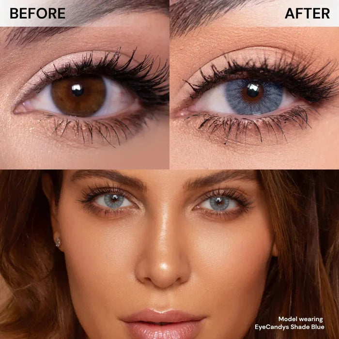 Close-up images show an eye before (brown iris) and after (blue iris) wearing EyeCandys Shade Blue contacts. Below, a model’s face displays the vivid blue effect. Text: "Model wearing EyeCandys Shade Blue by EyeCandys.