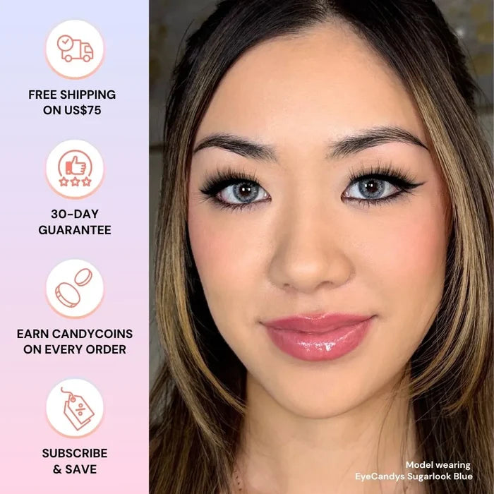 Model wearing EyeCandys Sugarlook Blue contacts – free shipping, 30-day guarantee, rewards, subscribe & save