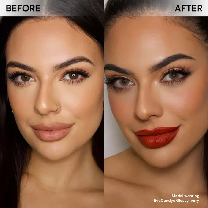 Before and after of model’s face wearing EyeCandys Glossy Ivory prescription colored contact lenses, showing soft and natural ivory-beige eye transformation