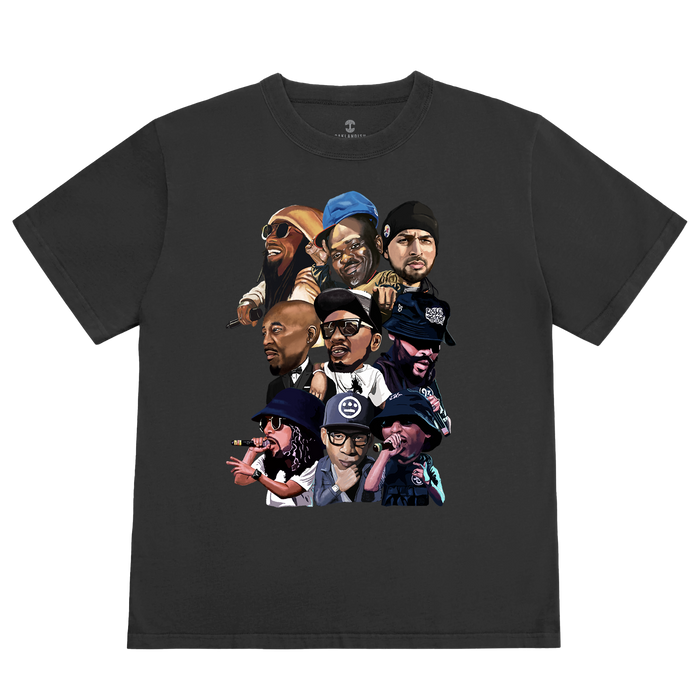 The Faces of Hieroglyphics Tee by other showcases illustrated portraits of nine Bay Area Hieroglyphics Crew legends, designed in vibrant detail by Eric Jue Illustrates on a classic black T-shirt.