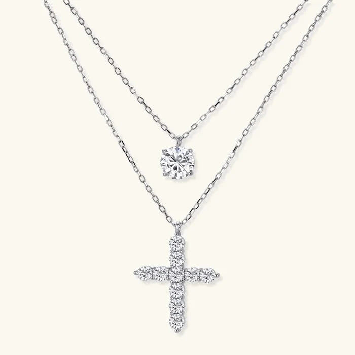 Faith & Light Moissanite Layered Necklace Set in silver-tone metal, with two fine chains and sparkling solitaire and cross pendants