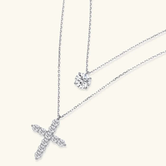 Faith & Light Moissanite Layered Necklace Set with silver chains, a round solitaire pendant and a stone-set cross