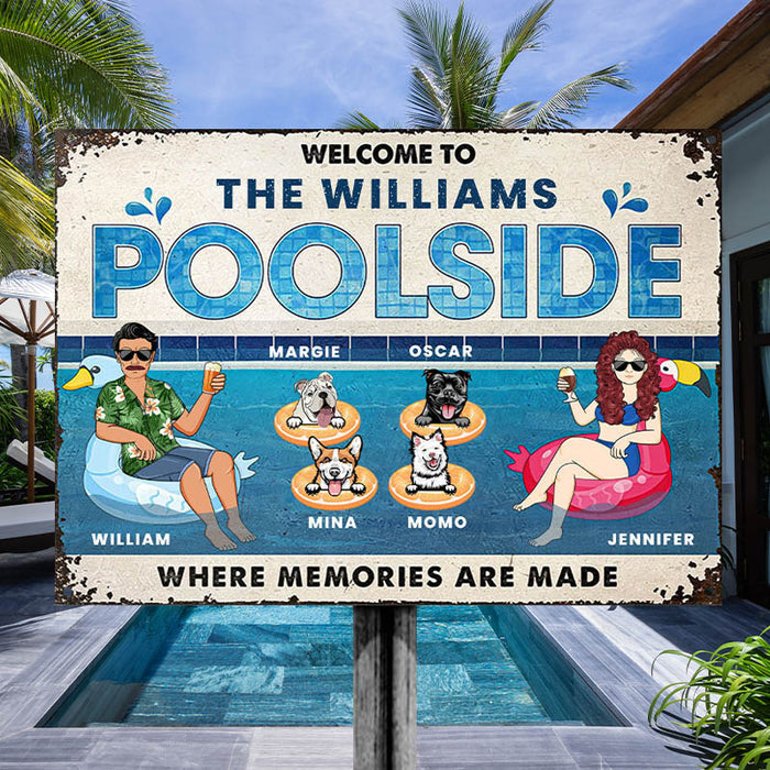 Family Couple Poolside Where Memories Are Made - Gift For Dog Lover - Personalized Custom Classic Metal Signs-CUSTOMOMO