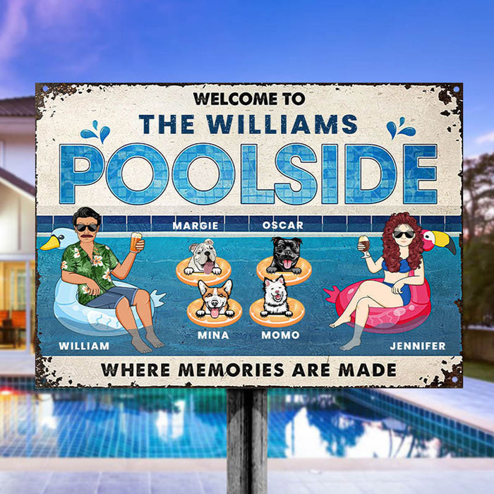 Family Couple Poolside Where Memories Are Made - Gift For Dog Lover - Personalized Custom Classic Metal Signs-CUSTOMOMO