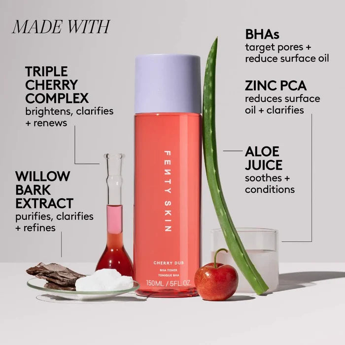 Fenty Beauty Cherry Dub BHA Toner with salicylic acid and aloe juice, 150ml, fresh and clear liquid in a transparent bottle