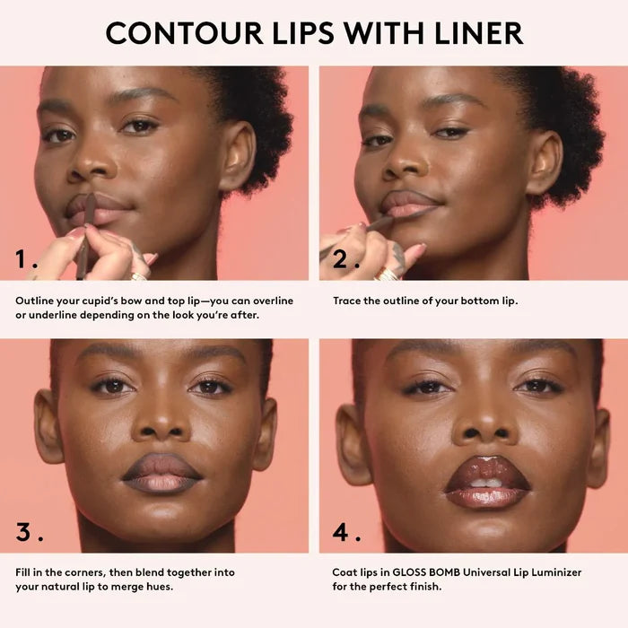 Fenty Beauty Trace'd Out Waterproof Lip Liner pencil in various shades, featuring a close-up of the longwear, smudge-proof design.
