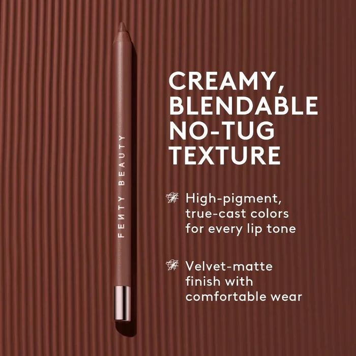 Fenty Beauty Trace'd Out Waterproof Lip Liner pencil in various shades, featuring a close-up of the new, unopened product.