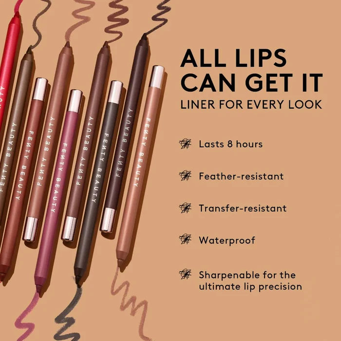 Fenty Beauty Trace'd Out longwear waterproof lip liner pencil in various shades, close-up of the unopened product.
