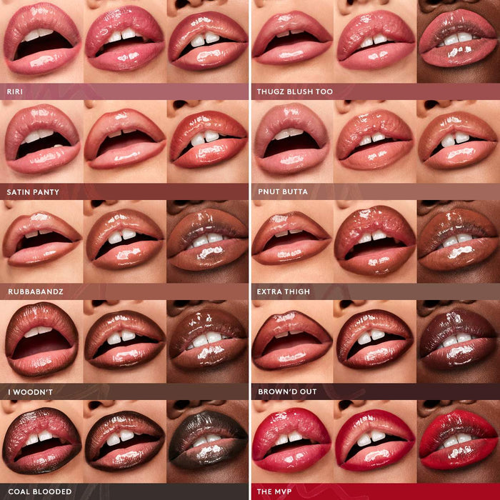 Fenty Beauty Trace'd Out Waterproof Lip Liner pencil in various shades, featuring a sleek black design and sharpened tip.