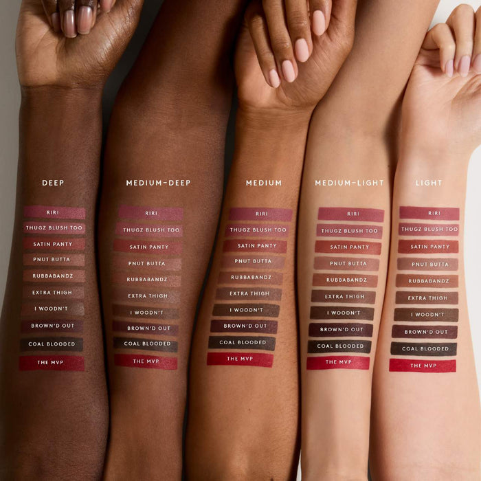 Fenty Beauty Trace'd Out Waterproof Lip Liner in various shades, featuring a close-up of the longwear pencil with a sharpened tip.