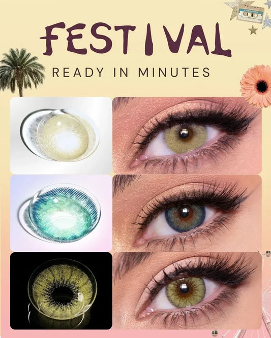 Collage of Festival Szn Set for Lenses. Date to be Hazel, Isla Blue grotto, Desire Green.