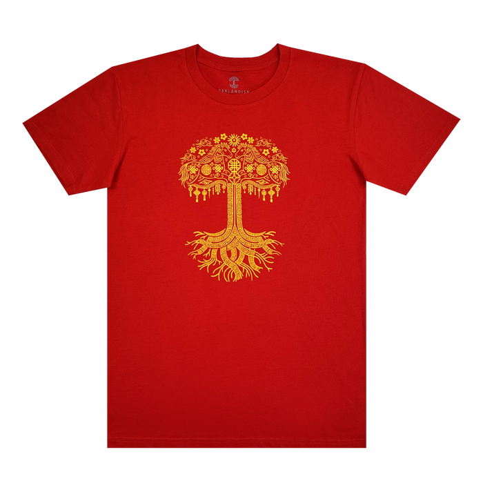 The Oaklandish Fire Horse Tee is a classic fit, red 100% cotton shirt with a detailed yellow tree design, ornate branches, flowers, and leaves. Decorative roots create a symmetrical pattern. Displayed on a plain white background.