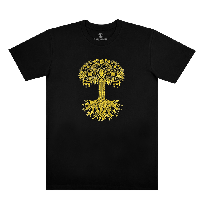 The Oaklandish Fire Horse Tee is a black men's cotton t-shirt with an intricate yellow stylized tree design, featuring ornate roots and branches in a symmetrical chest pattern. Classic fit for comfort and style against a plain white background.