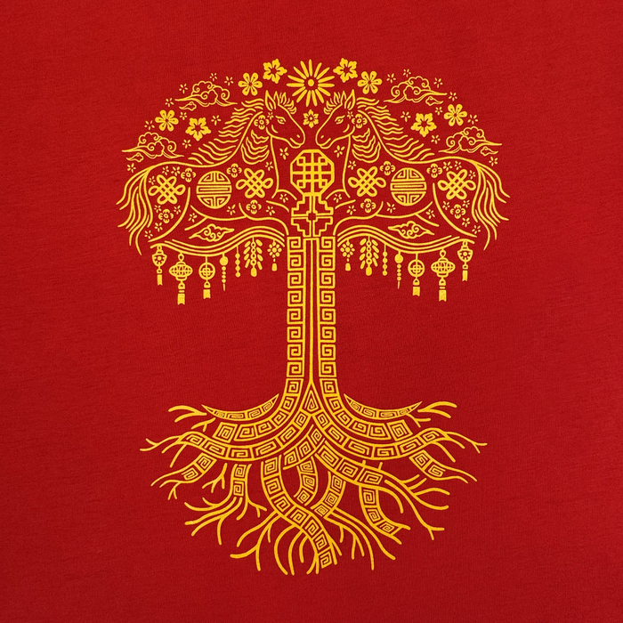 Celebrate the Year of the Fire Horse with Oaklandish's Fire Horse Tee—a 100% cotton classic fit t-shirt featuring a yellow ornate tree, flowers, and lanterns on a red background for a unique cultural look.
