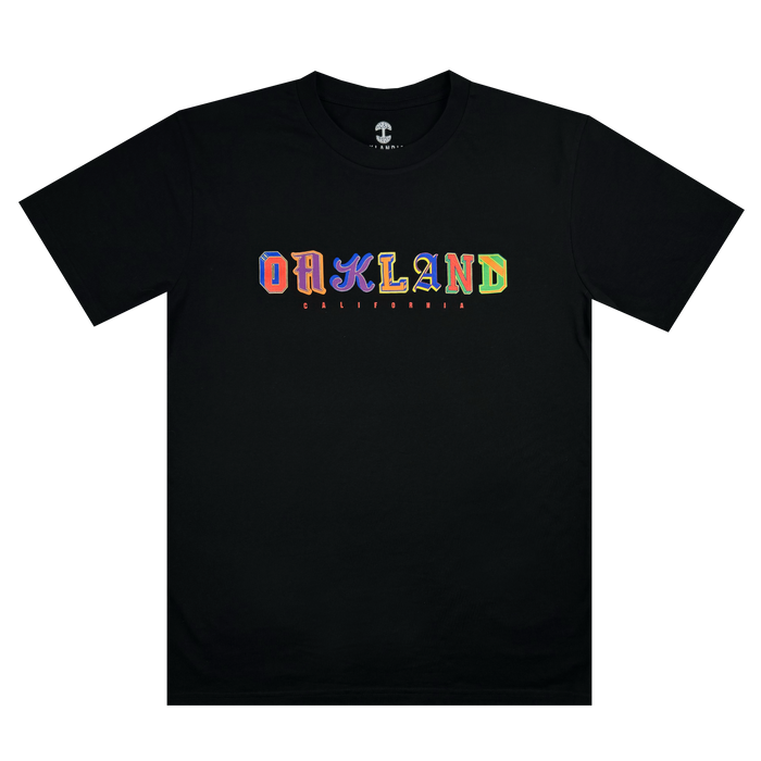 The First Team Tee by Other is a black classic fit t-shirt featuring “OAKLAND” in bold, colorful, uniquely-styled letters across the chest. Made from heavy-weight cotton, this shirt also displays “CALIFORNIA” in smaller orange lettering below. It is shown flat against a plain white background.