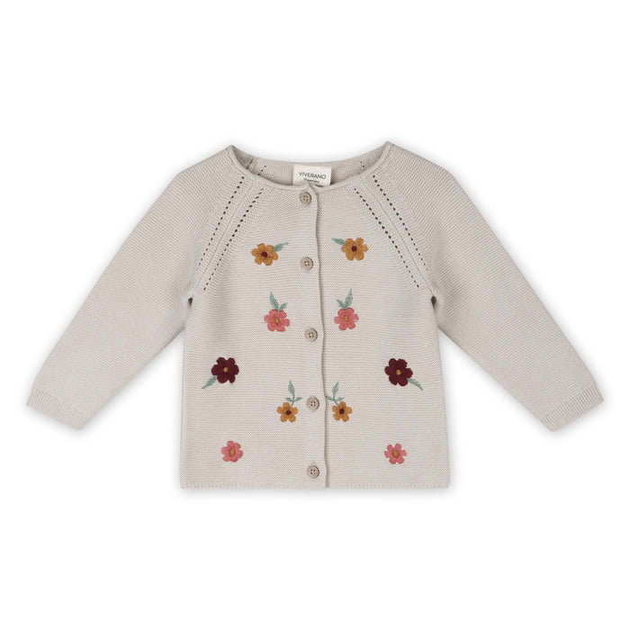 Floral Embroidered Pearl Knit Baby Cardigan Sweater, Organic Cotton