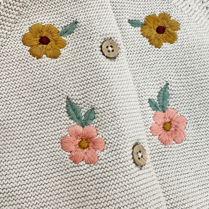 Floral Embroidered Pearl Knit Baby Cardigan Sweater, Organic Cotton