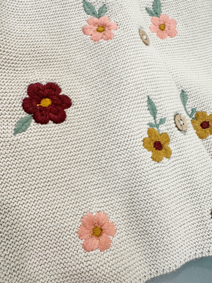 Floral Embroidered Pearl Knit Baby Cardigan Sweater, Organic Cotton