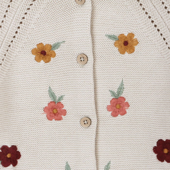 Floral Embroidered Pearl Knit Baby Cardigan Sweater, Organic Cotton