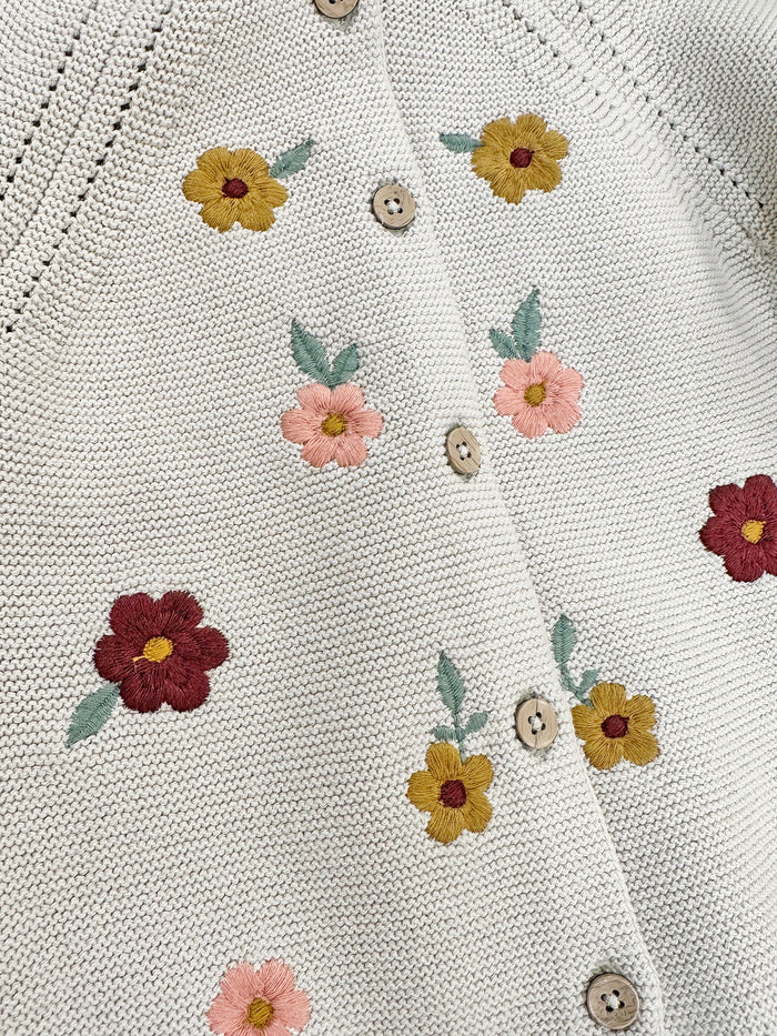 Floral Embroidered Pearl Knit Baby Cardigan Sweater, Organic Cotton
