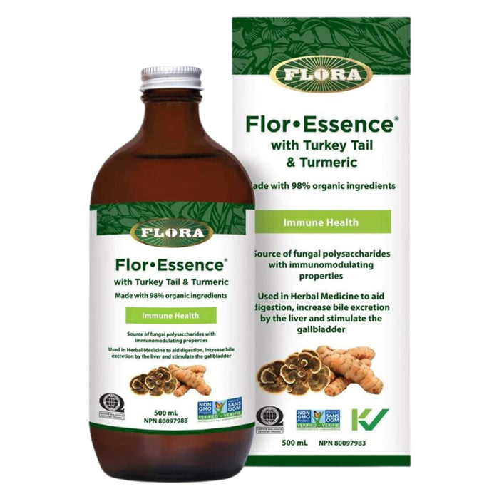 Bottle & Box of Flora Flor-Essence with Turkey Tail & Turmeric 500ml