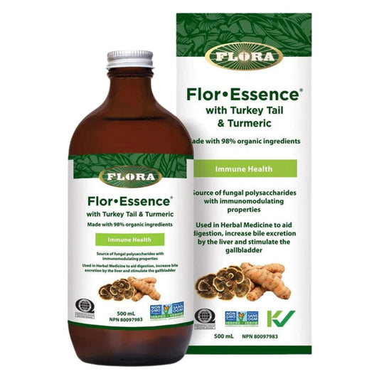 Bottle & Box of Flora Flor-Essence with Turkey Tail & Turmeric 500ml