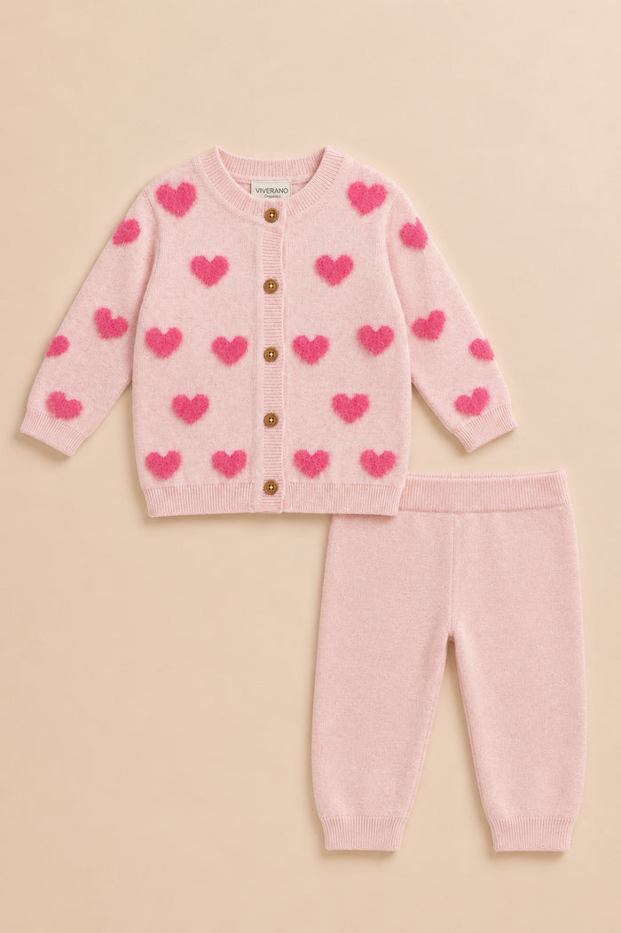 Fuzzy Hearts 3D Sweater Knit Baby Top and Pants, Organic Cotton
