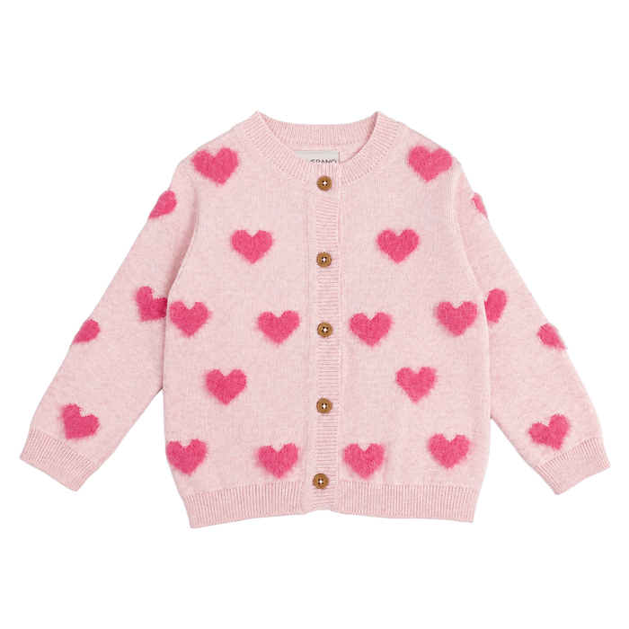 Fuzzy Hearts 3D Jacquard Knit Baby Cardigan made of organic cotton
