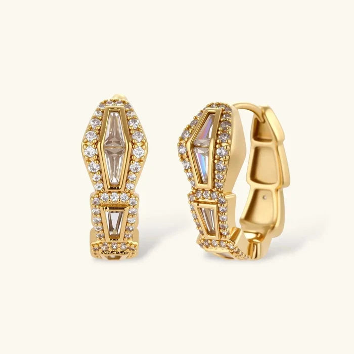 Geometric Luxe Snake Necklace keyword features gold-tone coiled huggie earrings with clear geometric stones and pavé accents