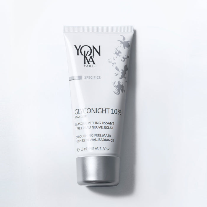 Yon-Ka Glyconight 10% Masque jar with label stating 10% glycolic acid and COSMOS-certified organic apricot kernel oil