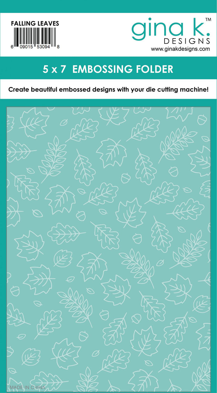 Gina K. Designs - Embossing Folder - Falling Leaves. The embossing folders create deeply etched designs for a truly dimensional effect. They can also be used for a verity of fun cardmaking techniques. Embossing folders measure 5 x 7 inches. Available at Embellish Away located in Bowmanville Ontario Canada.