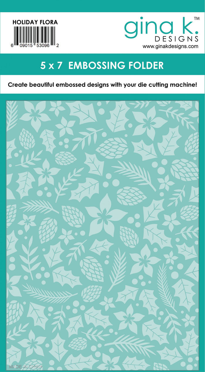 Gina K. Designs - Embossing Folder - Holiday Flora. The embossing folders create deeply etched designs for a truly dimensional effect. They can also be used for a verity of fun cardmaking techniques. Embossing folders measure 5 x 7 inches. Available at Embellish Away located in Bowmanville Ontario Canada.