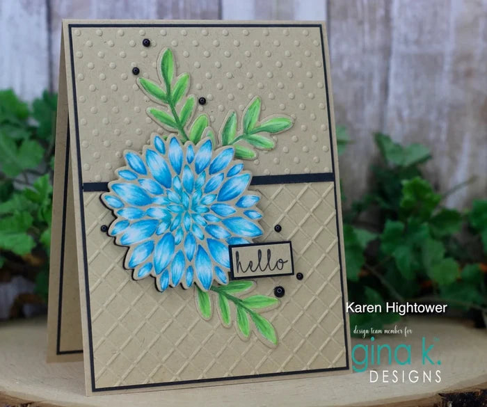 Gina K. Designs - Stamp &amp; Die Set - Vibrant Sentiments. Vibrant Sentiments is a stamp &amp; die set by Beth Silika. This set is made of premium clear photopolymer and measures 6" X 8". Made in the USA. Available at Embellish Away located in Bowmanville Ontario Canada. Card example by Karen Hightower.