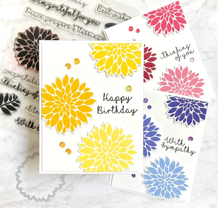 Gina K. Designs - Stamp &amp; Die Set - Vibrant Sentiments. Vibrant Sentiments is a stamp &amp; die set by Beth Silika. This set is made of premium clear photopolymer and measures 6" X 8". Made in the USA. Available at Embellish Away located in Bowmanville Ontario Canada. Card example by Beth Silika.