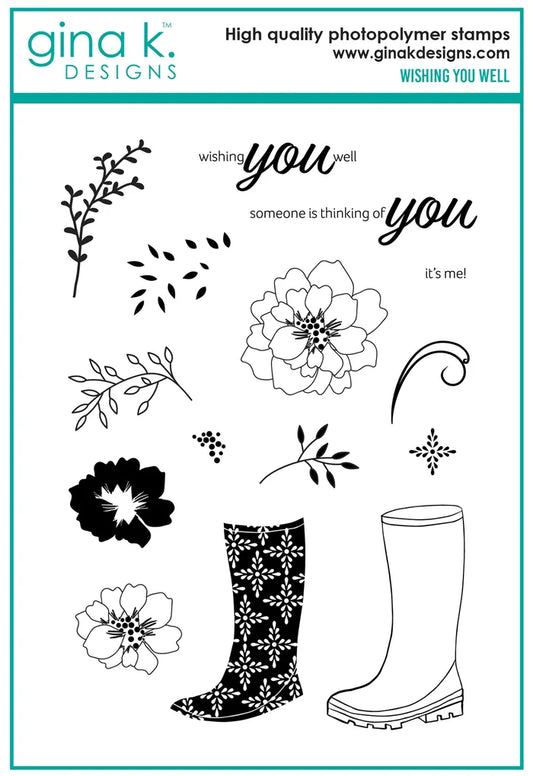 Gina K. Designs - Stamp &amp; Die Set - Wishing You Well. Wishing You Well is a stamp and set by Lisa Hetrick. This set is made of premium clear photopolymer and measures 6" X 8". Made in the USA. Available at Embellish Away located in Bowmanville Ontario Canada.