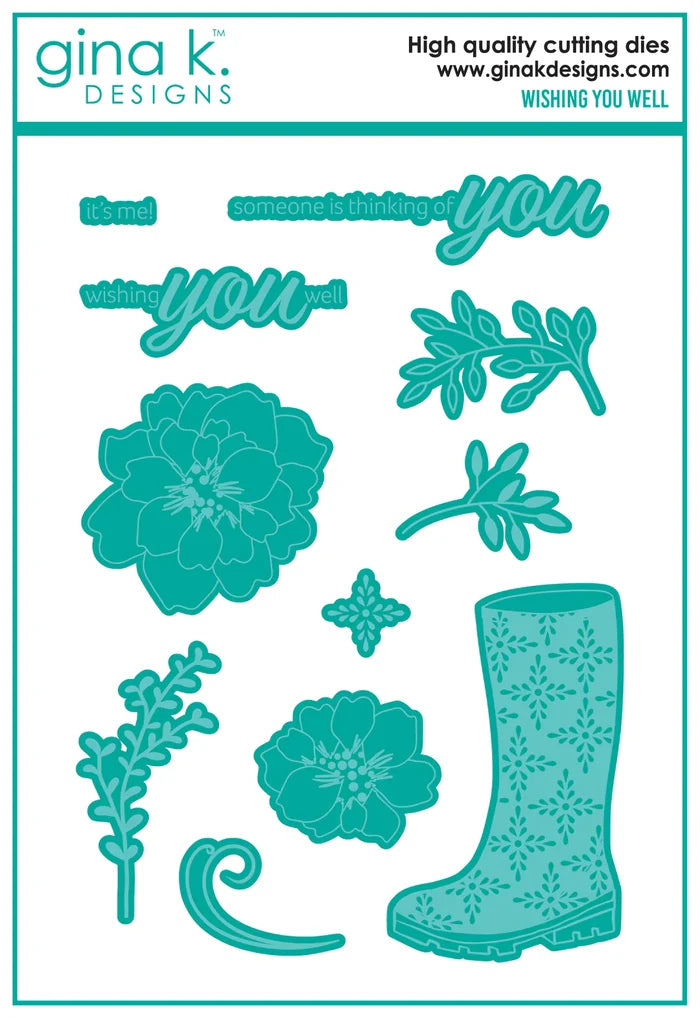 Gina K. Designs - Stamp &amp; Die Set - Wishing You Well. Wishing You Well is a stamp and set by Lisa Hetrick. This set is made of premium clear photopolymer and measures 6" X 8". Made in the USA. Available at Embellish Away located in Bowmanville Ontario Canada.