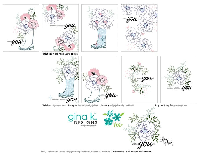 Gina K. Designs - Stamp &amp; Die Set - Wishing You Well. Wishing You Well is a stamp and set by Lisa Hetrick. This set is made of premium clear photopolymer and measures 6" X 8". Made in the USA. Available at Embellish Away located in Bowmanville Ontario Canada. Inspiration sheet by Lisa Hetrick.