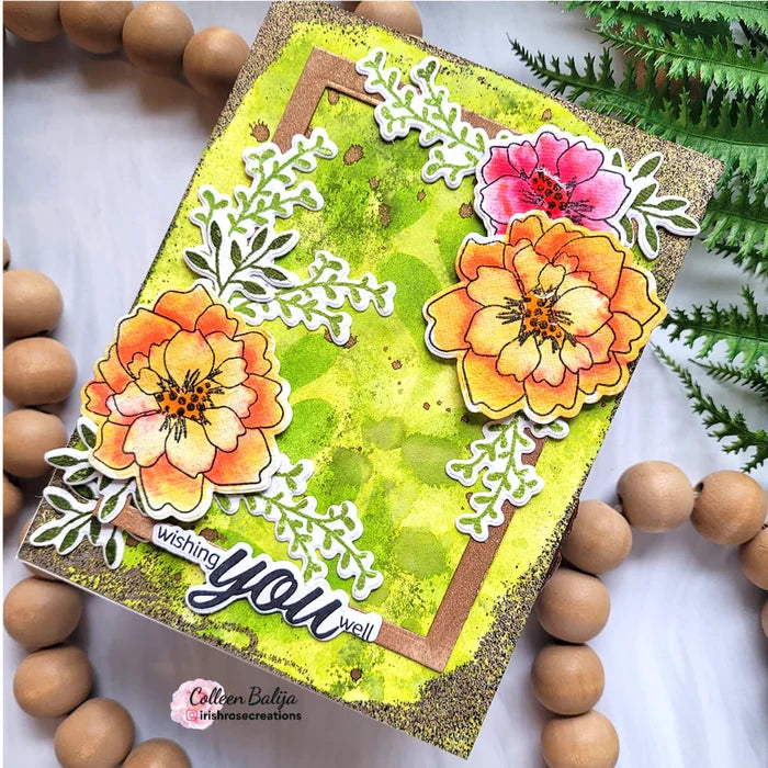 Gina K. Designs - Stamp &amp; Die Set - Wishing You Well. Wishing You Well is a stamp and set by Lisa Hetrick. This set is made of premium clear photopolymer and measures 6" X 8". Made in the USA. Available at Embellish Away located in Bowmanville Ontario Canada. Card made by Colleen Balija.