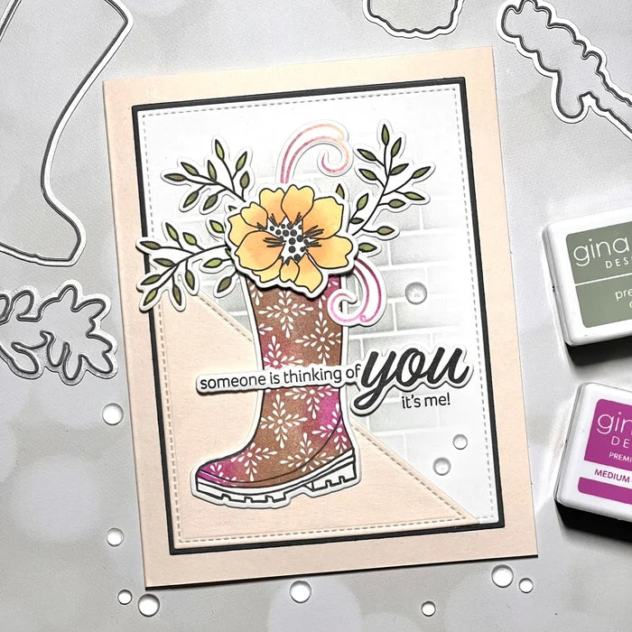 Gina K. Designs - Stamp &amp; Die Set - Wishing You Well. Wishing You Well is a stamp and set by Lisa Hetrick. This set is made of premium clear photopolymer and measures 6" X 8". Made in the USA. Available at Embellish Away located in Bowmanville Ontario Canada. Card made by Lisa Hetrick.