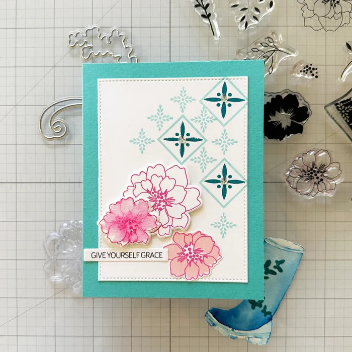 Gina K. Designs - Stamp &amp; Die Set - Wishing You Well. Wishing You Well is a stamp and set by Lisa Hetrick. This set is made of premium clear photopolymer and measures 6" X 8". Made in the USA. Available at Embellish Away located in Bowmanville Ontario Canada. Card made by Lisa Hetrick.