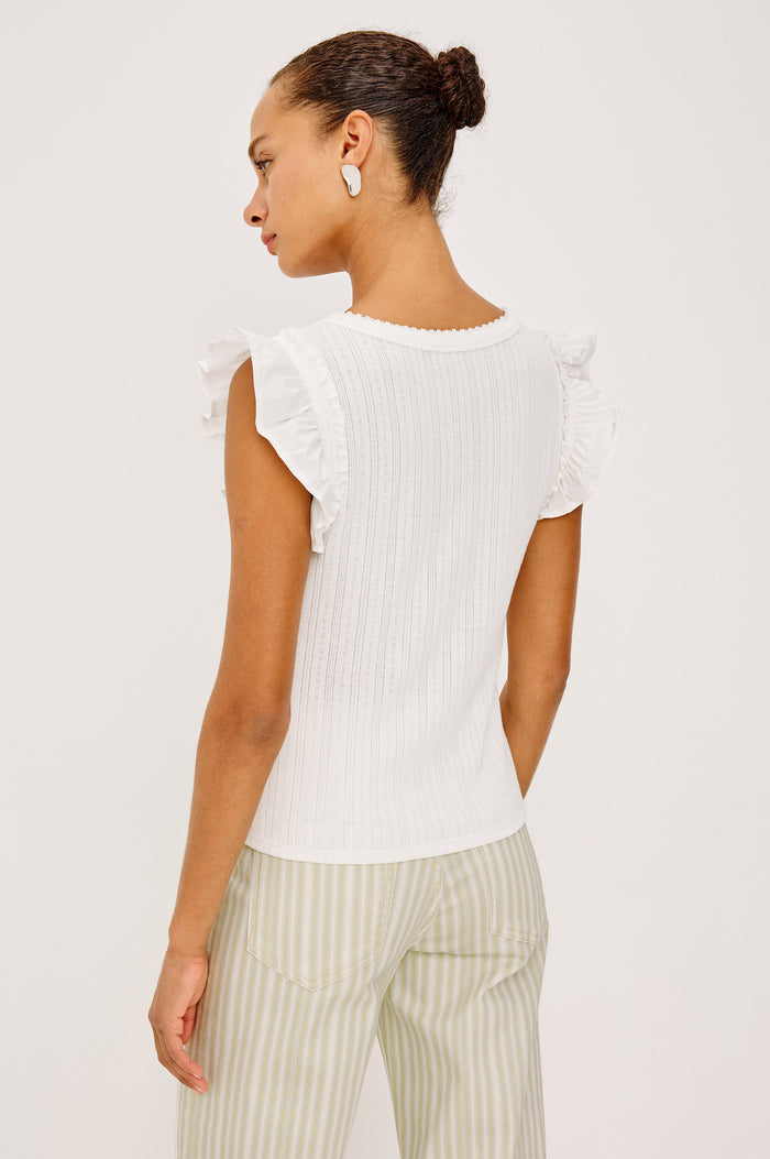 Giovanna Top in Pointelle With Scoop Neckline and Flutter Sleeves in White Colorway - Upper Body Back View Featured on Model