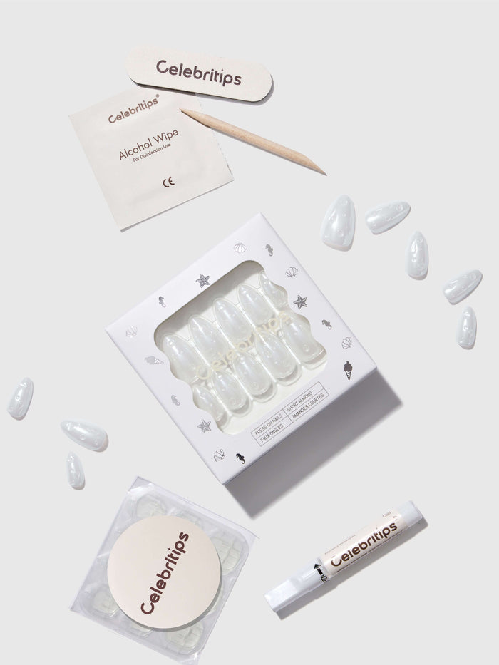 Celebritips press-on nail products including alcohol wipes, a box of nails, and applicators on a white background.