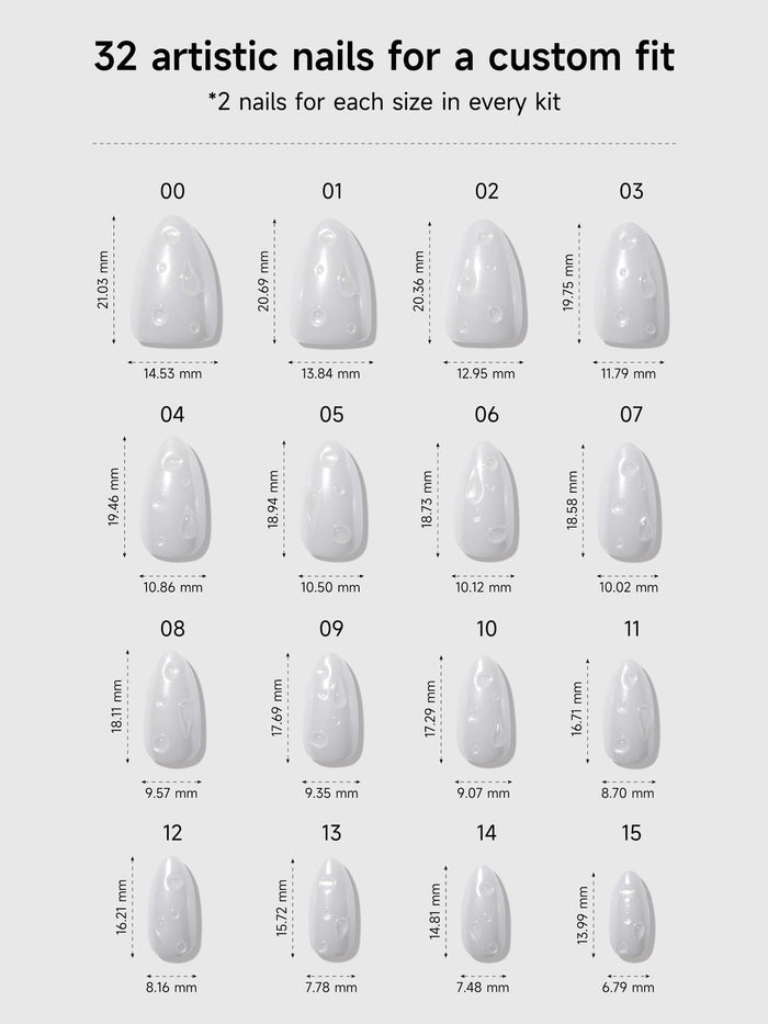 Chart showing 32 artistic nail sizes with measurements for a custom fit.
