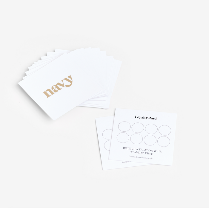 White cards with navy logo
