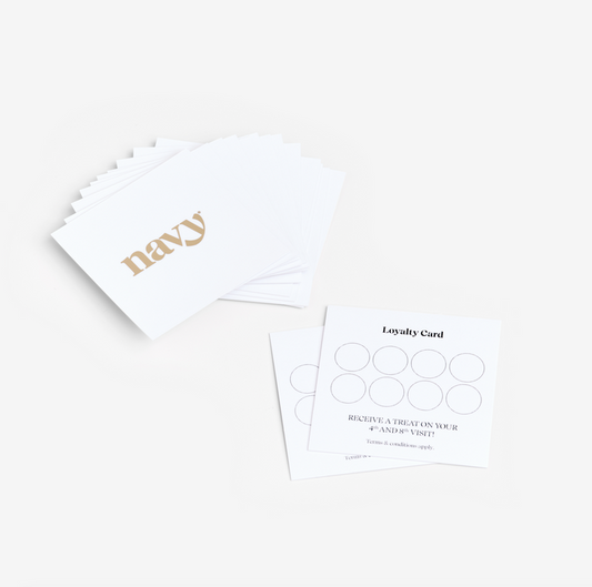 White cards with navy logo